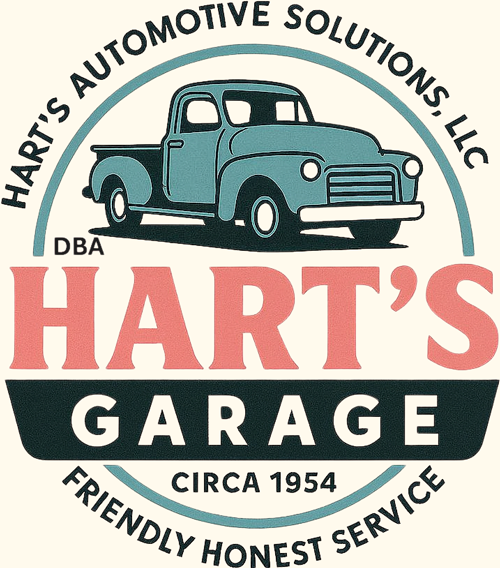 Hart's Garage logo: Blue vintage truck in a garage, with text "Hart's" and "Garage."