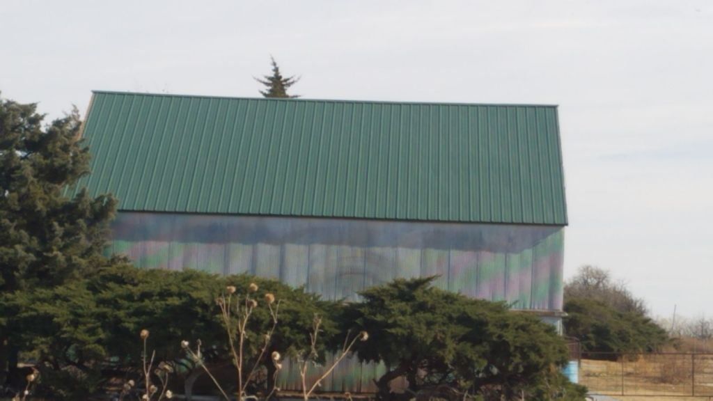 A green barn with a green roof is surrounded by trees.