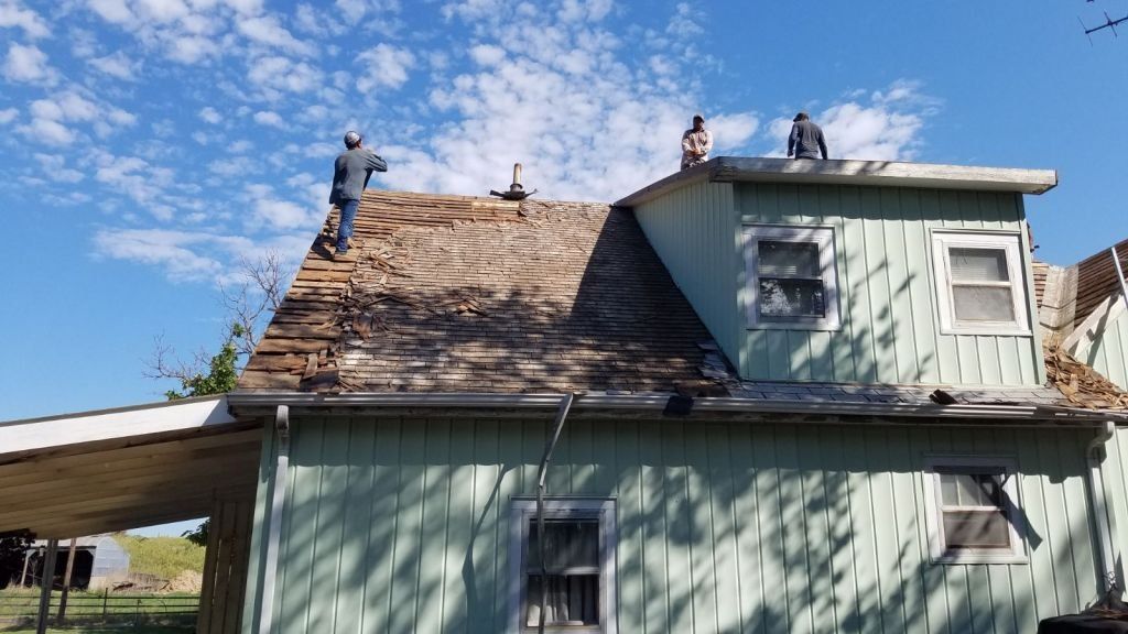 Two men are working on the roof of a green house.
