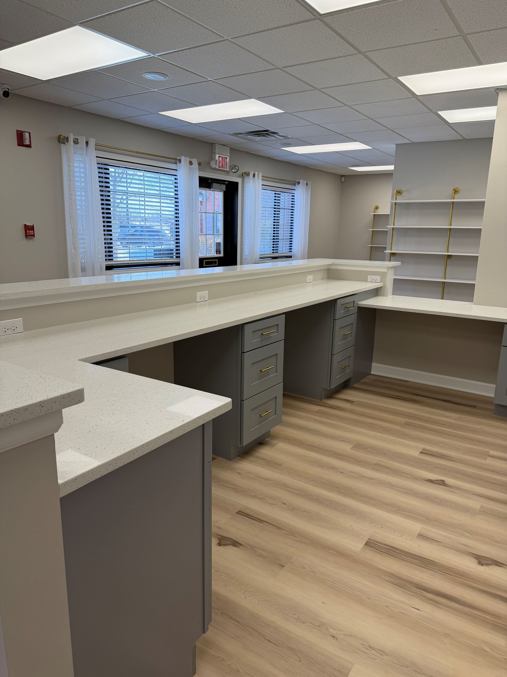 An empty, light-filled room with gray cabinets, white countertops, and wood-look flooring. Shelves and windows are visible.