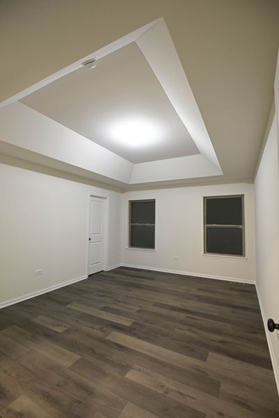 Empty bedroom with hardwood floor, windows, door, and a recessed ceiling with a light.