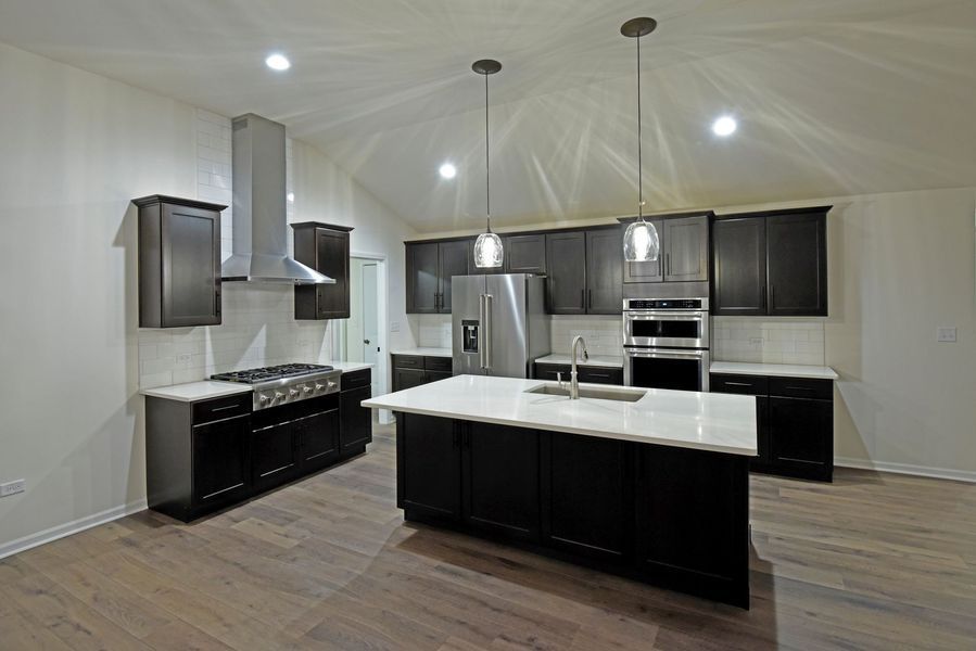 Modern kitchen with dark cabinets, stainless steel appliances, and a central island.