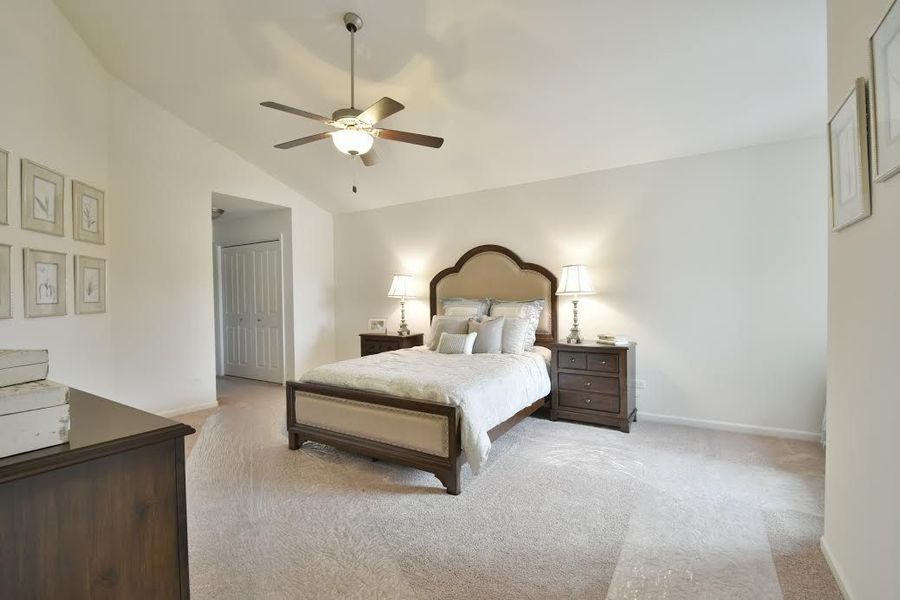 Bedroom with bed, nightstands, dresser, artwork, and ceiling fan.