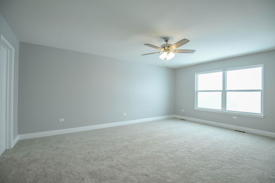 Empty bedroom with gray walls, beige carpet, window, and ceiling fan.