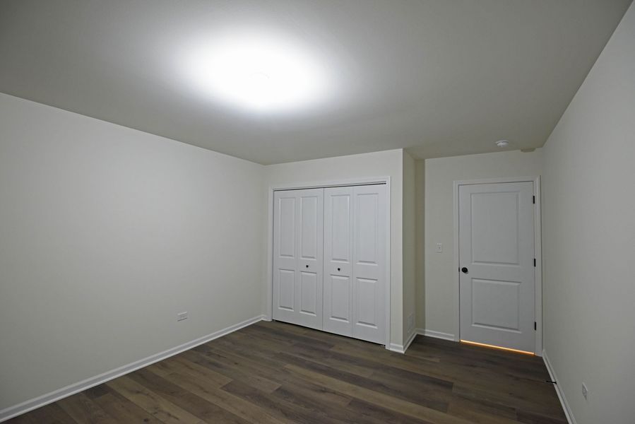 Empty room with white walls, a closet, and a closed door; wood-look flooring.