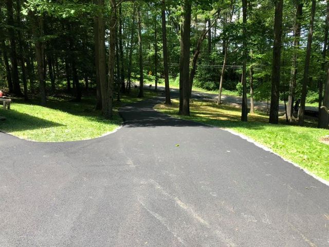 A driveway going through a forest with trees on both sides