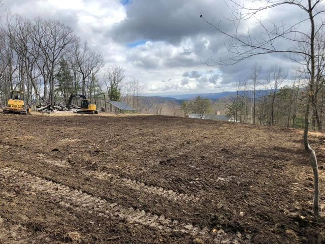 Two bulldozers are working on a dirt field in the woods.