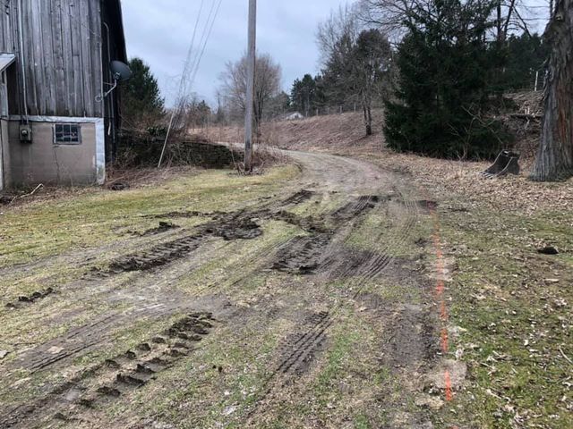 A dirt road leading to a barn with tire tracks in the grass.
