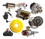 Assorted car engine and alternator parts, including metal housings and a yellow clutch plate, on a white background