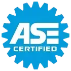 Blue ASE Certified logo badge with white text and gear-shaped border