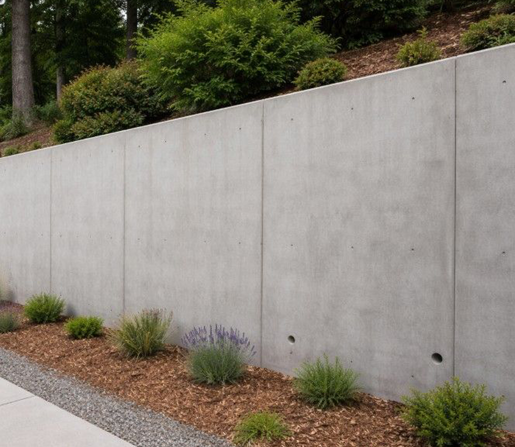 Curved retaining wall built from alternating grey and rust-colored textured stone blocks next to a paved patio.