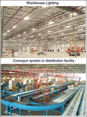 Warehouse interior with lighting and distribution facility with conveyor system.