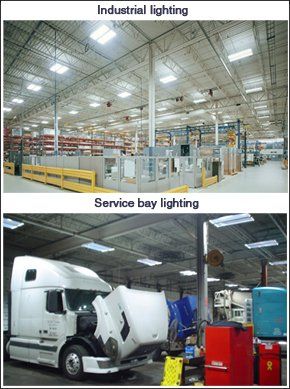 Industrial warehouse and service bay lit by overhead lights.
