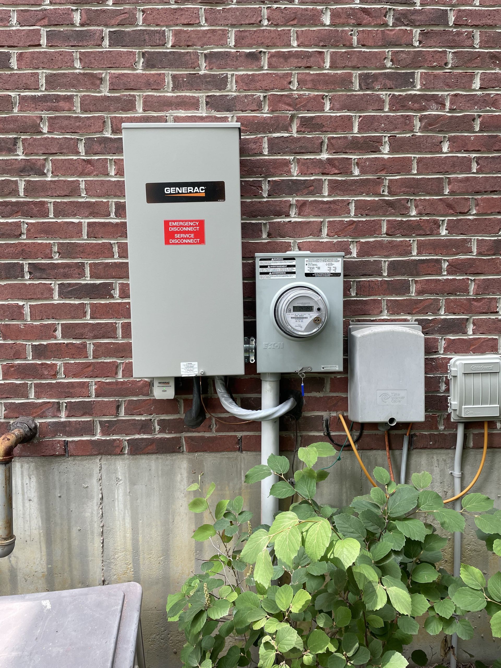 Electrical boxes and meter mounted on a brick wall, with a shrub in front.