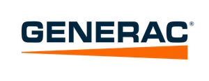 Generac logo: Blue text with orange upward pointing arrow.
