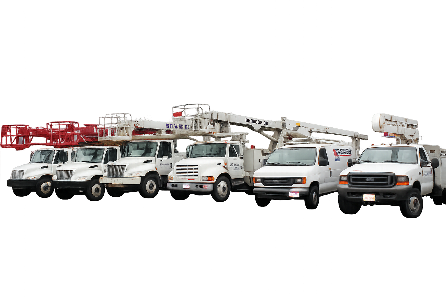 Line of white utility trucks with aerial lifts.