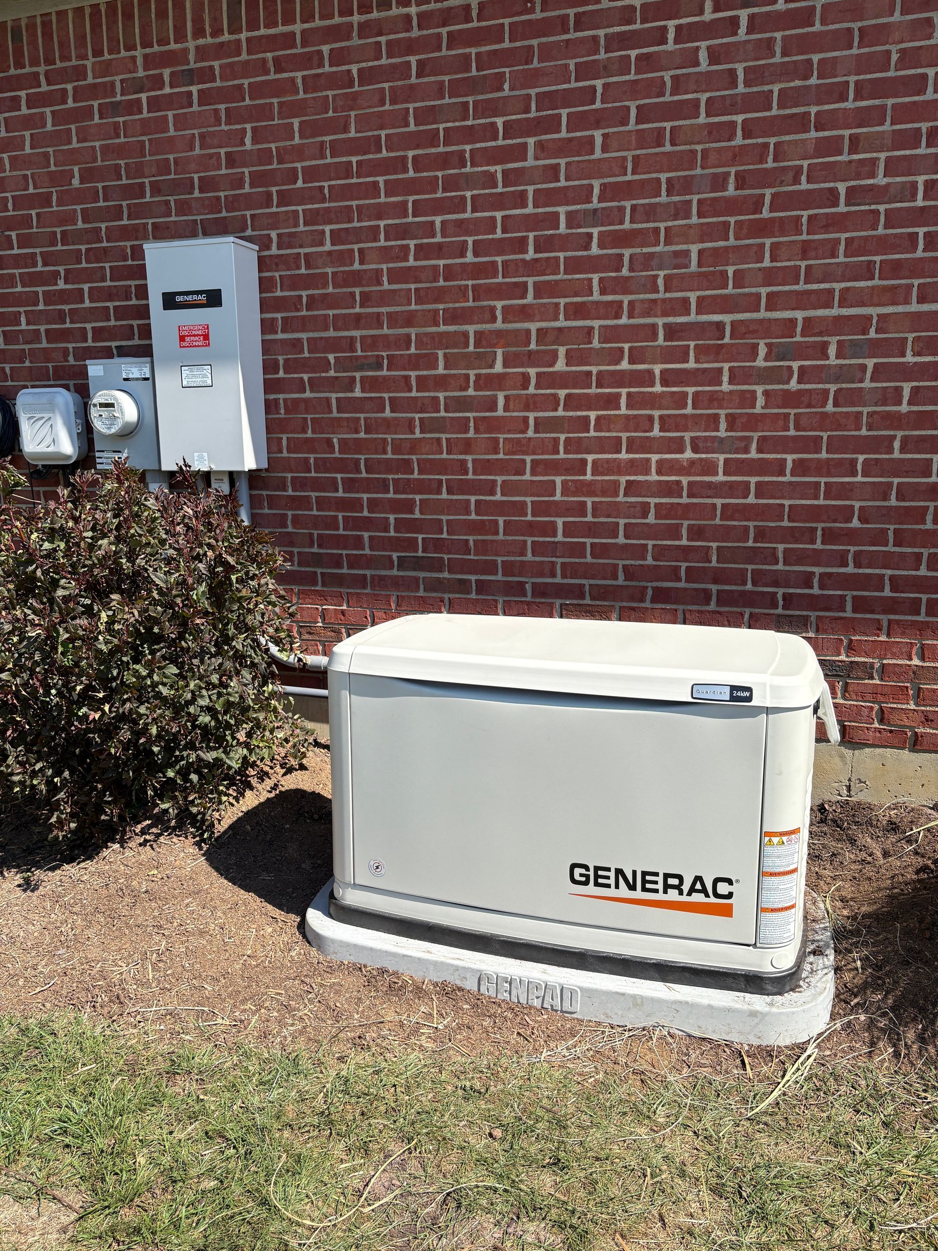 A Generac generator installed next to a brick building, with electrical boxes and a small bush in the foreground.