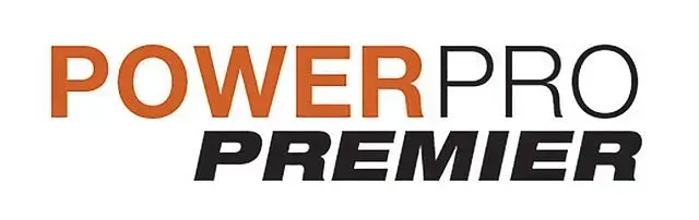 Logo for Power Pro Premier. Orange and black text on a white background.