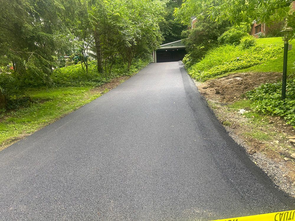 Newly paved asphalt driveway leading to a garage under trees and green foliage.