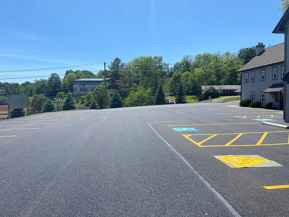 Empty parking lot with disability parking spaces, building to the right, trees and blue sky background.