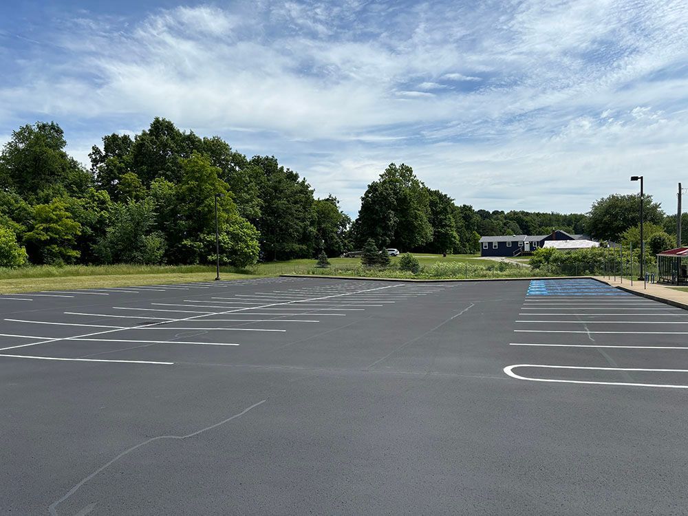 Empty parking lot with blue sky and trees in background.