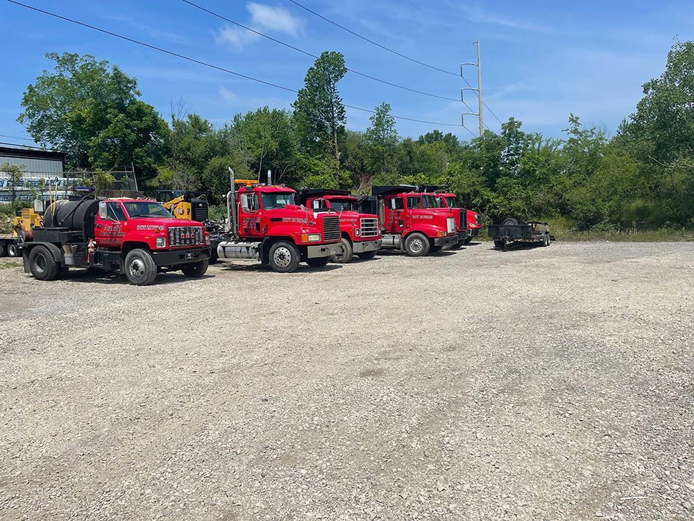 Several red trucks parked on a gravel lot near trees and power lines on a sunny day.