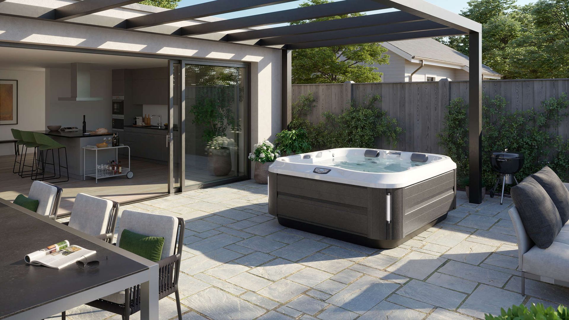 An artist 's impression of a patio with a hot tub and a table.