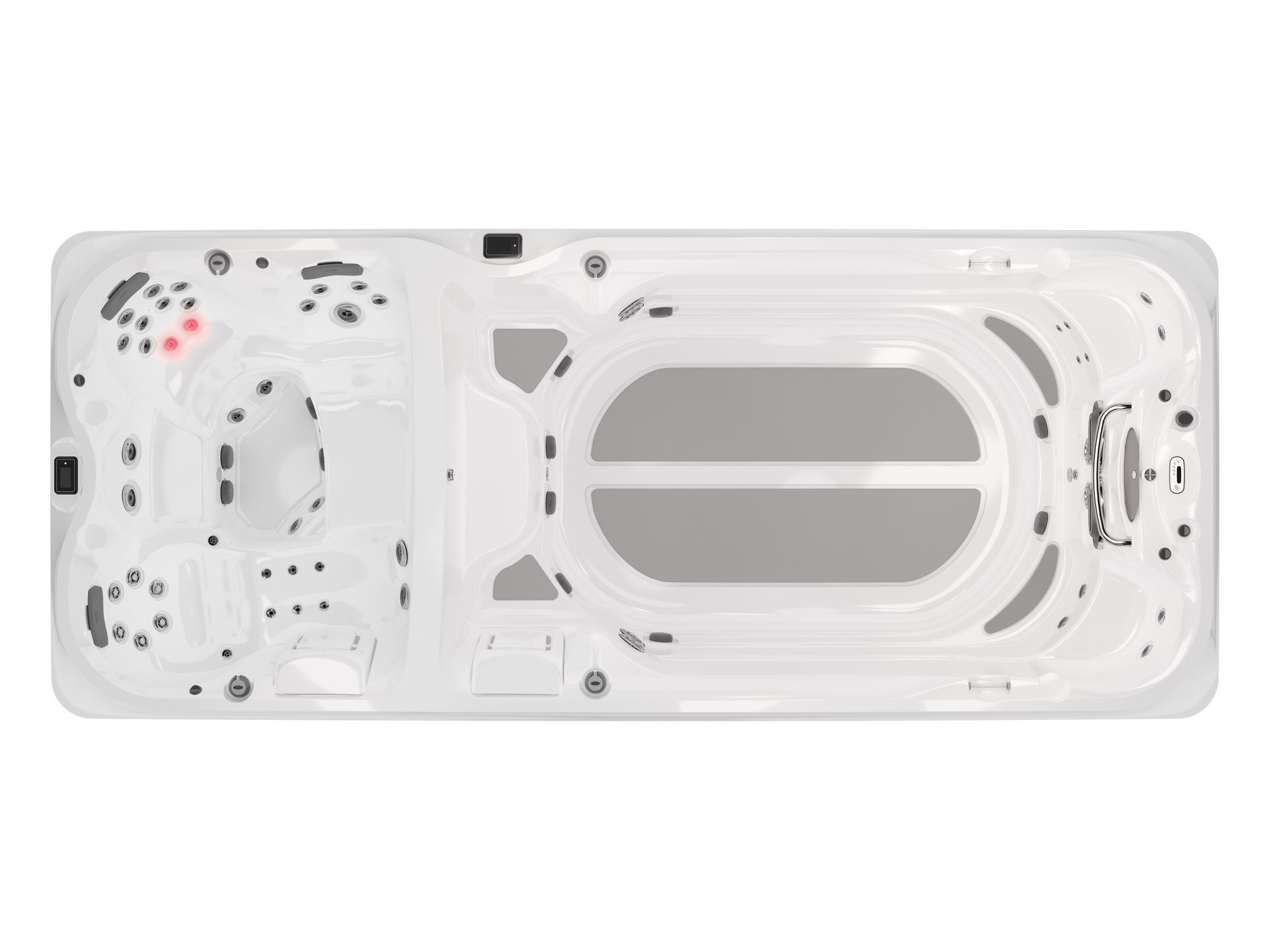 An aerial view of a swim spa on a white background.