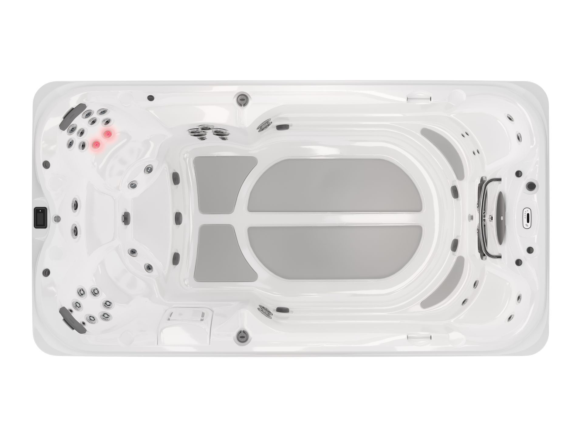 An aerial view of a swim spa on a white background.