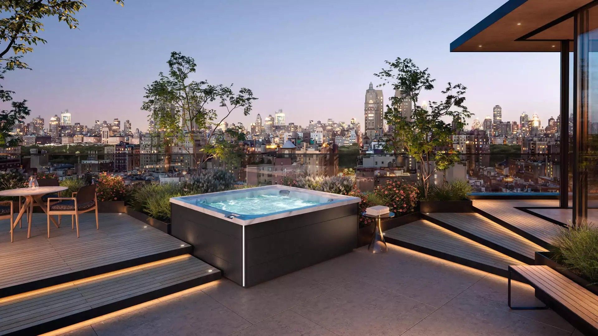An artist 's impression of a rooftop jacuzzi with a view of the city