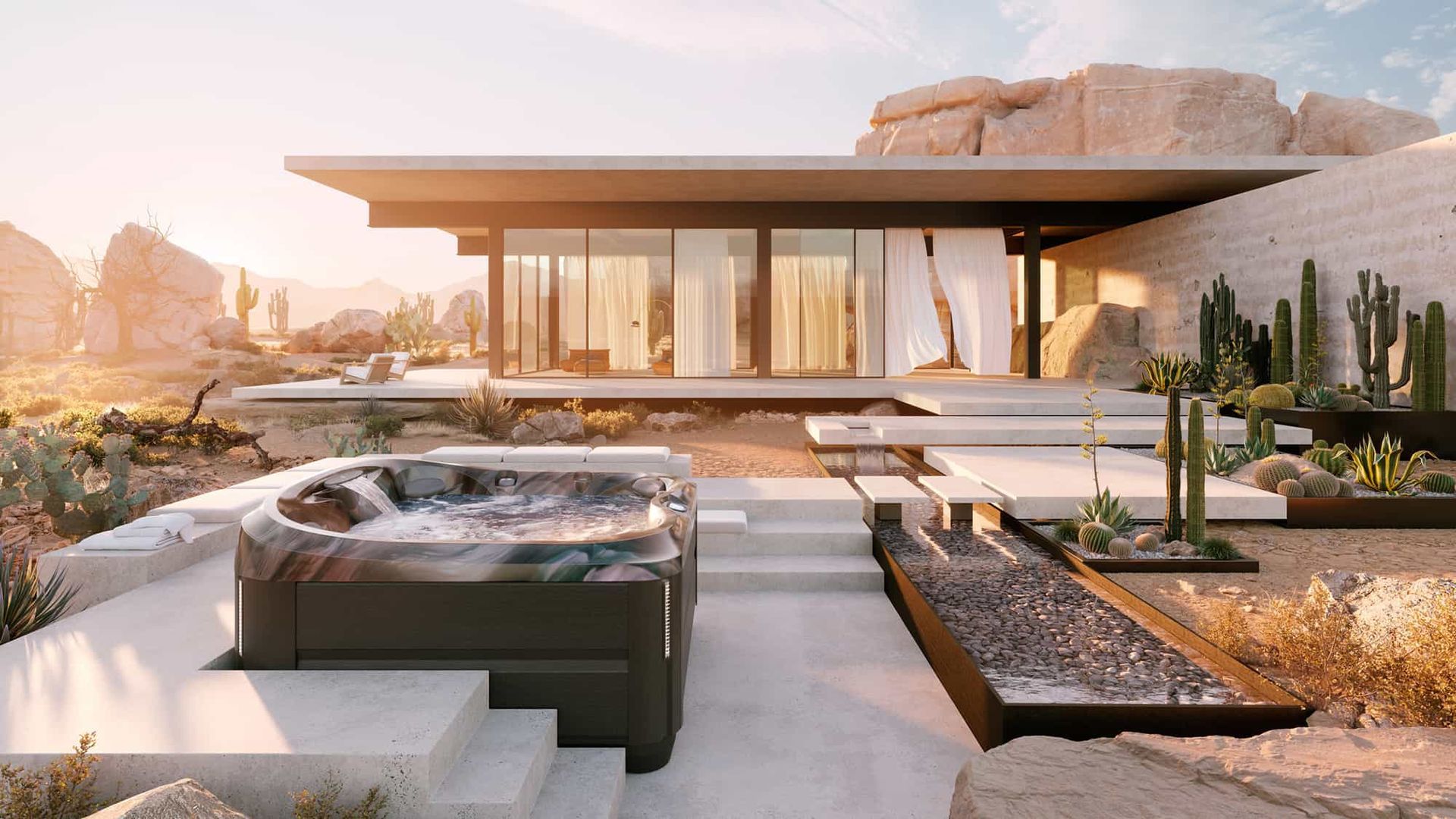 A modern house with a hot tub in front of it.