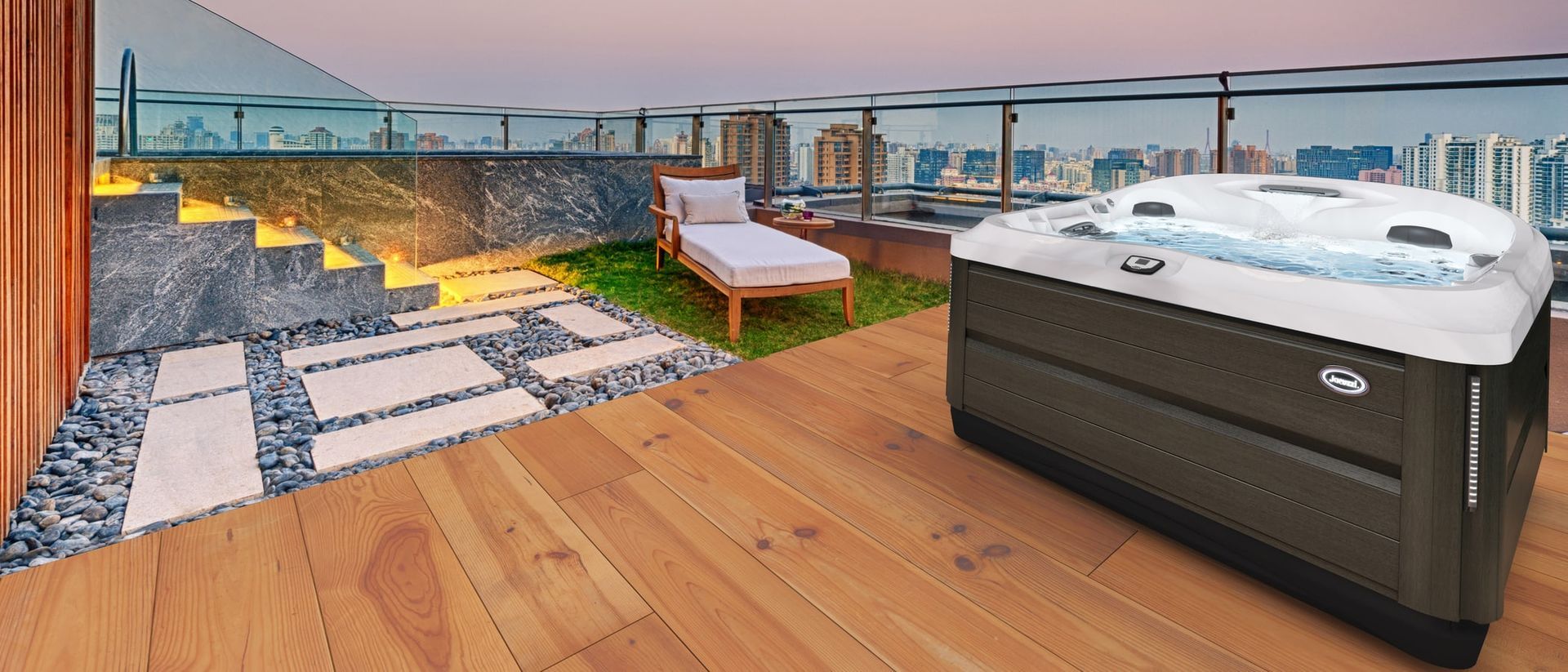 A hot tub is sitting on top of a wooden deck.