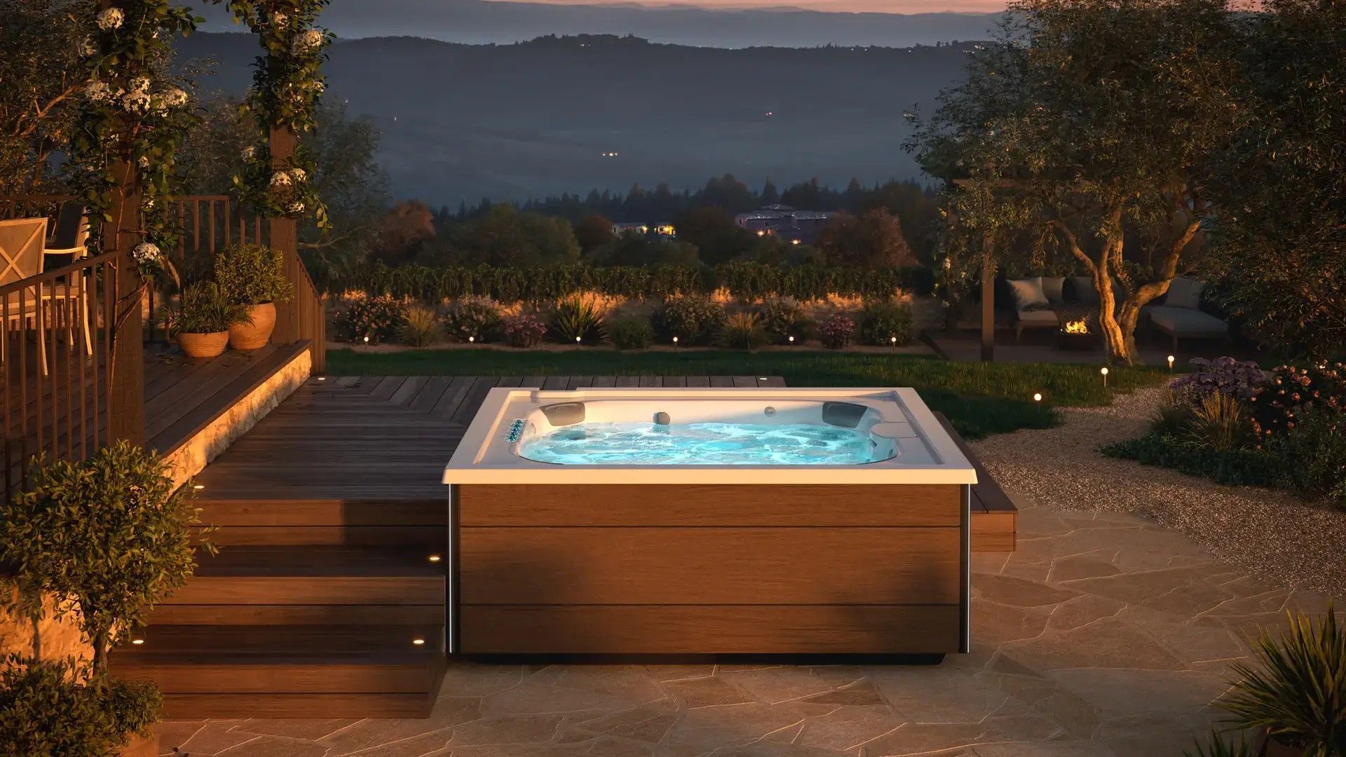 A hot tub is sitting on top of a wooden deck in a backyard.