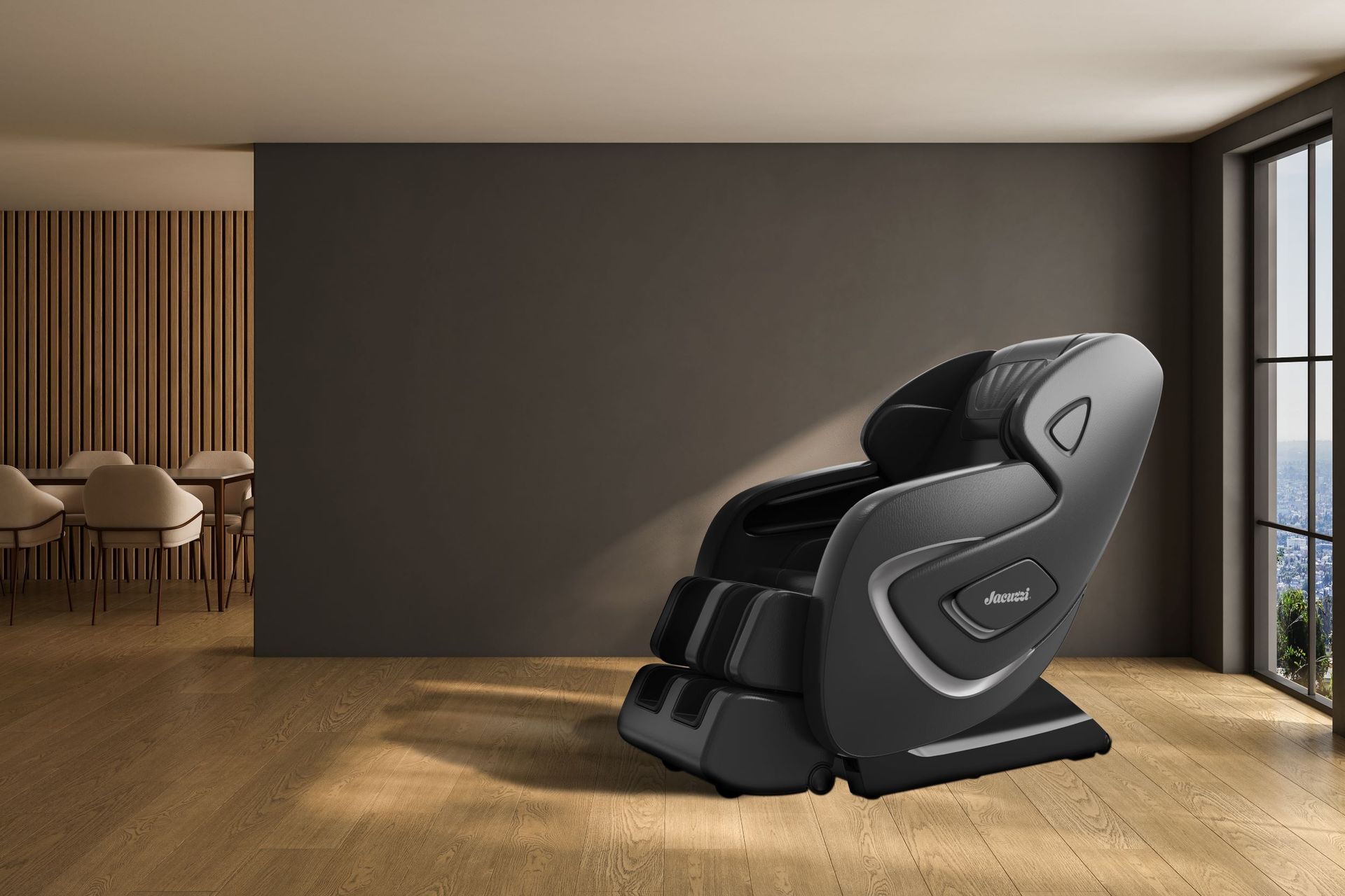 A black massage chair is sitting in a living room next to a window.