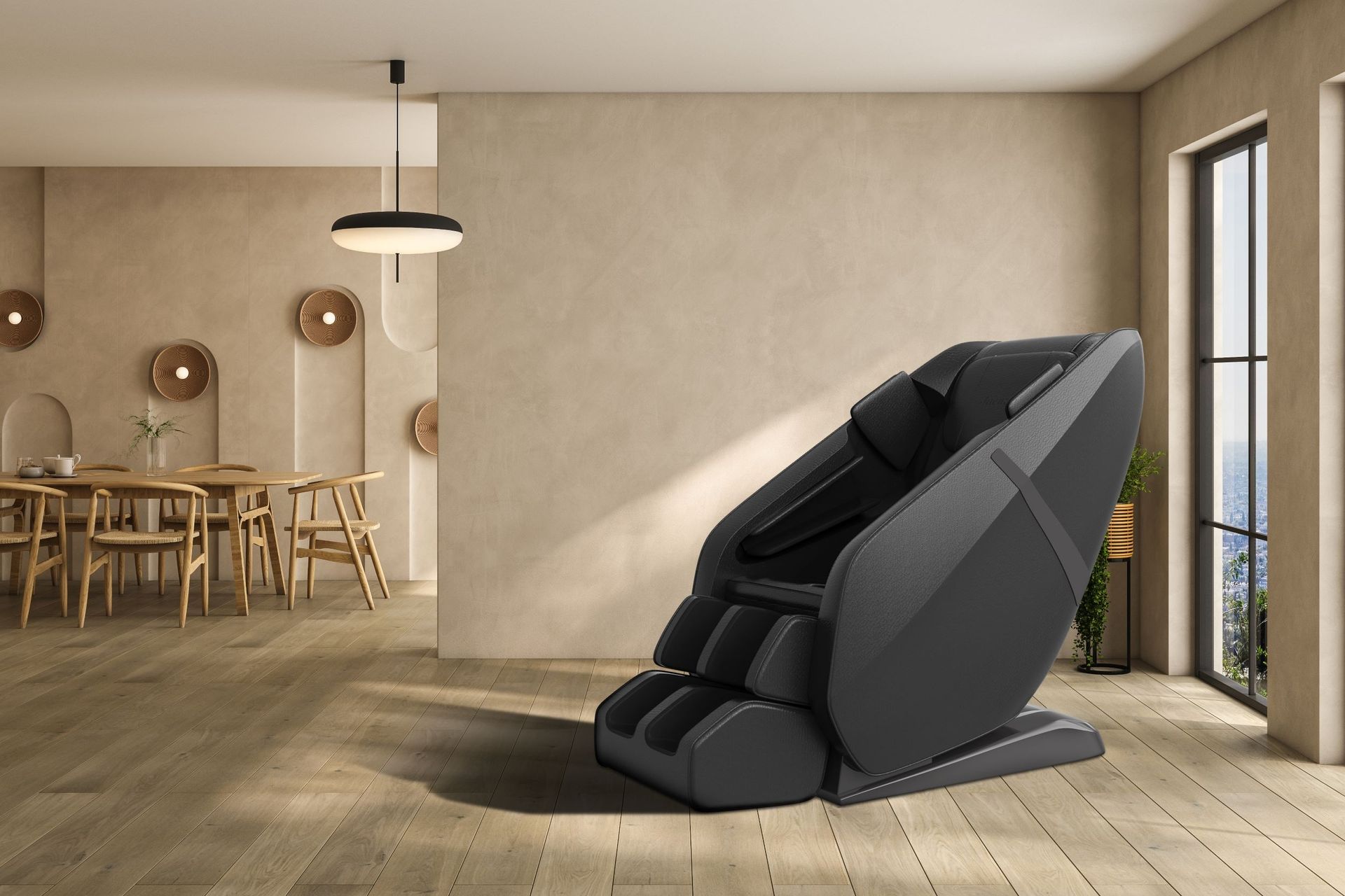 A black massage chair is sitting in a living room next to a window.