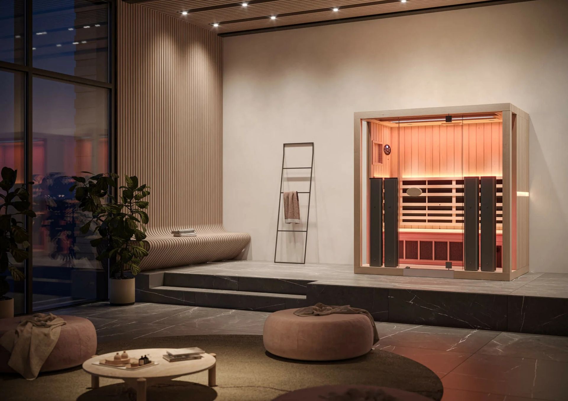 A living room with a sauna and a coffee table.