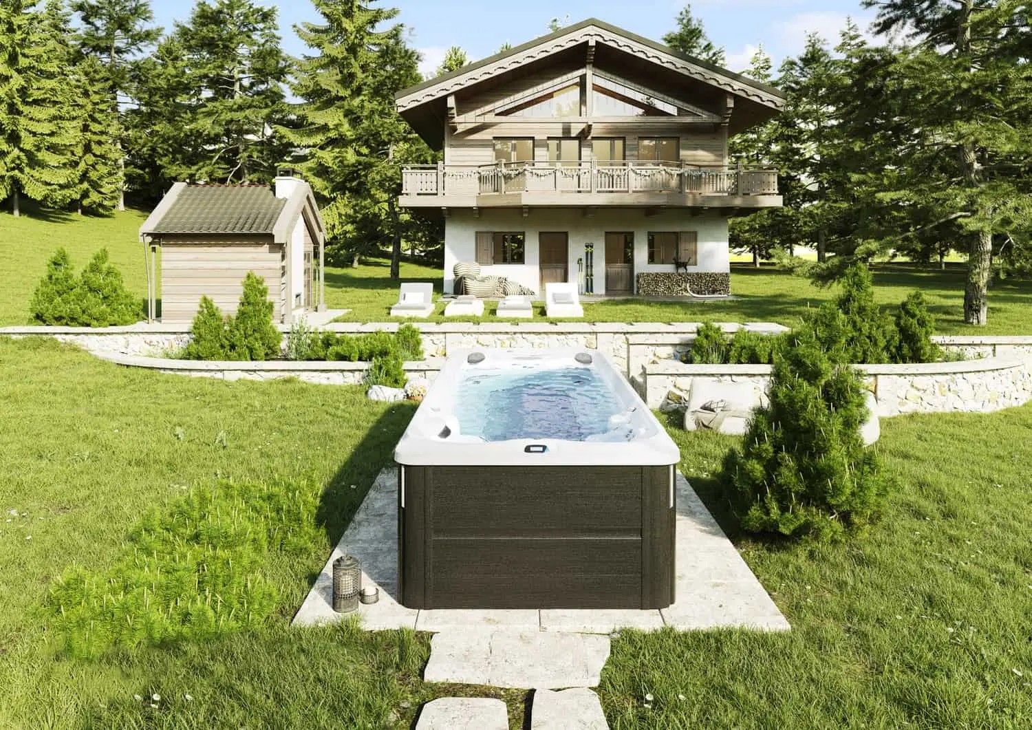 A hot tub is sitting in the grass in front of a house.