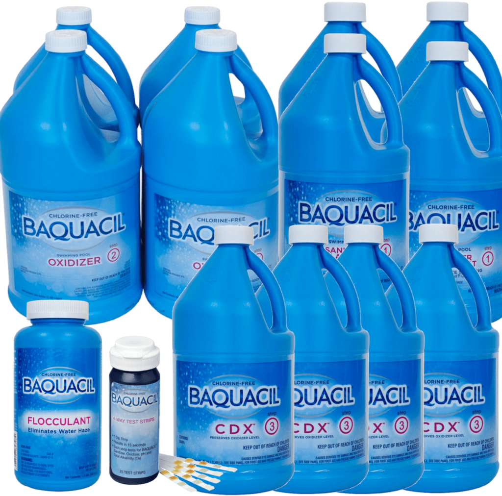 A bunch of blue bottles of baquacil are lined up