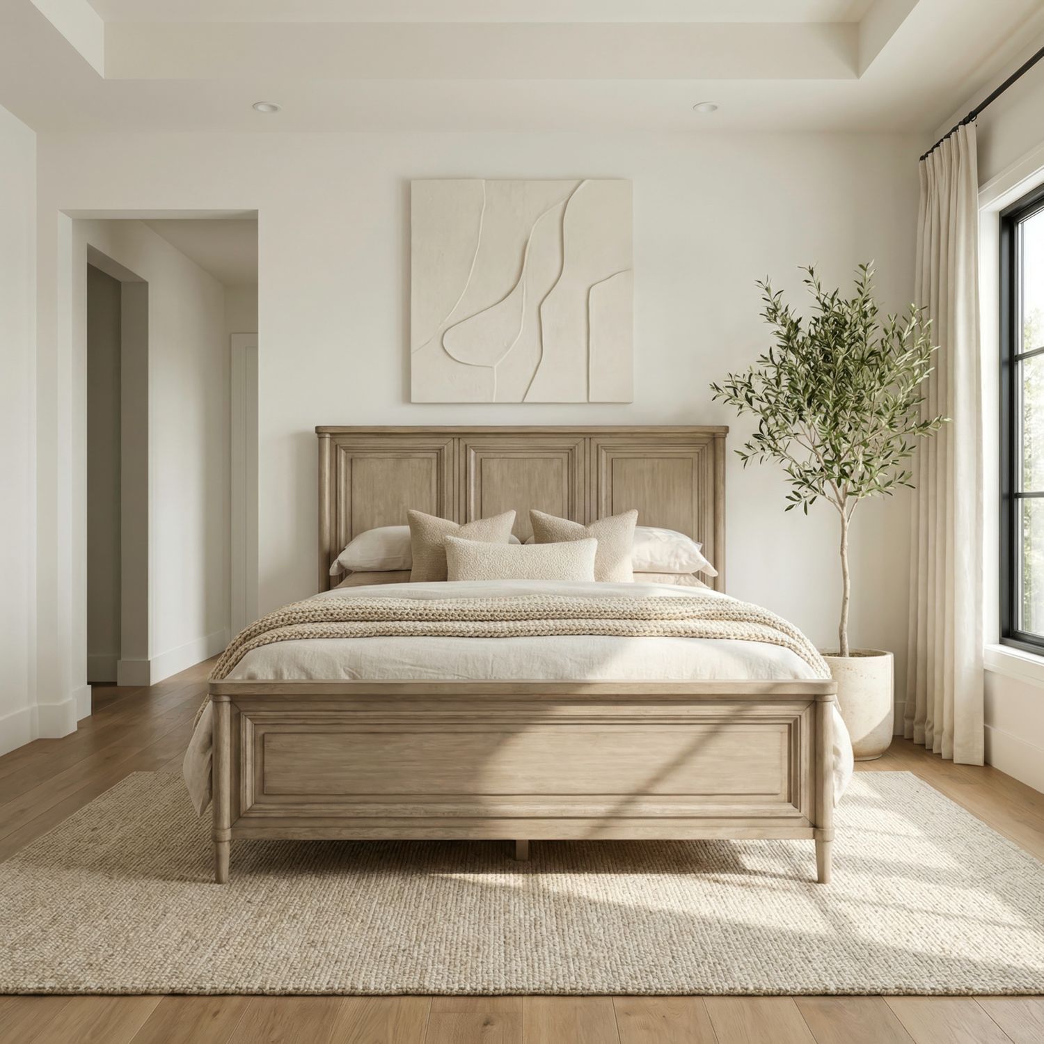 Minimalist beige bedroom with a wooden bed, abstract wall art, and a potted tree by the window