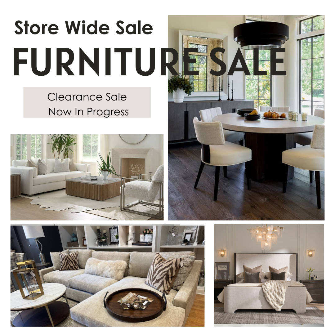 Furniture sale ad with beige living room and dining room sets, “Store Wide Sale” and “Clearance Sale Now in Progress” text