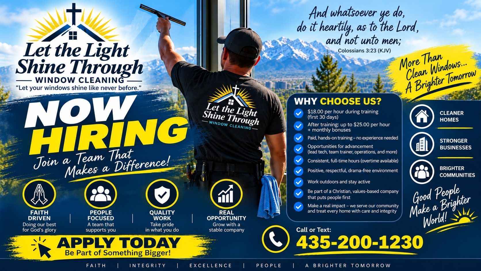 Construction company hiring flyer with worker, blue sky, “Now Hiring” and “Apply Today” text, phone number 435-200-1230