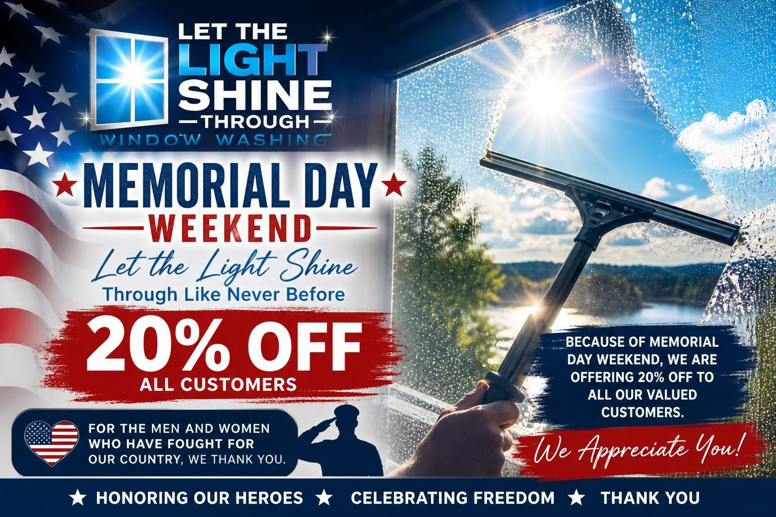 Memorial Day sale ad with Eiffel Tower, sunburst sky, “Let the Light Shine Through,” and 20% off all customers