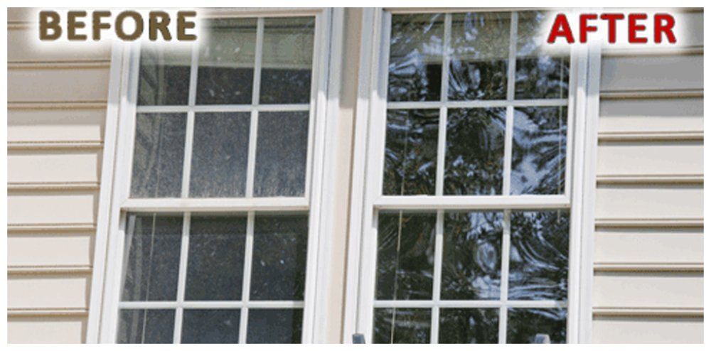 Comparison of a dirty window (BEFORE) and a clean window (AFTER).