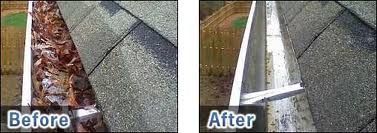 Before and after shots of a gutter cleaning. Gutter full of leaves is compared to a clean gutter.