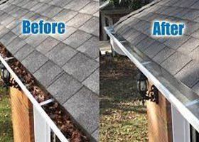 Gutter cleaning comparison: before with leaves, after cleaned. Showing a close-up of house roof, outdoors.
