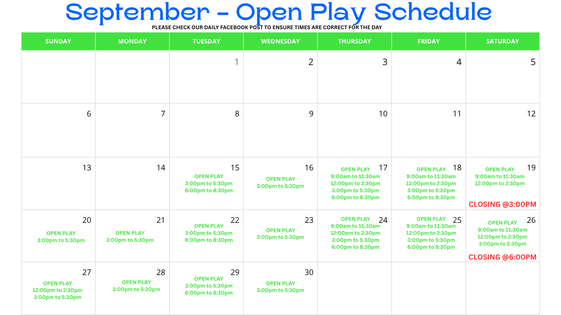 September - Open Play Schedule