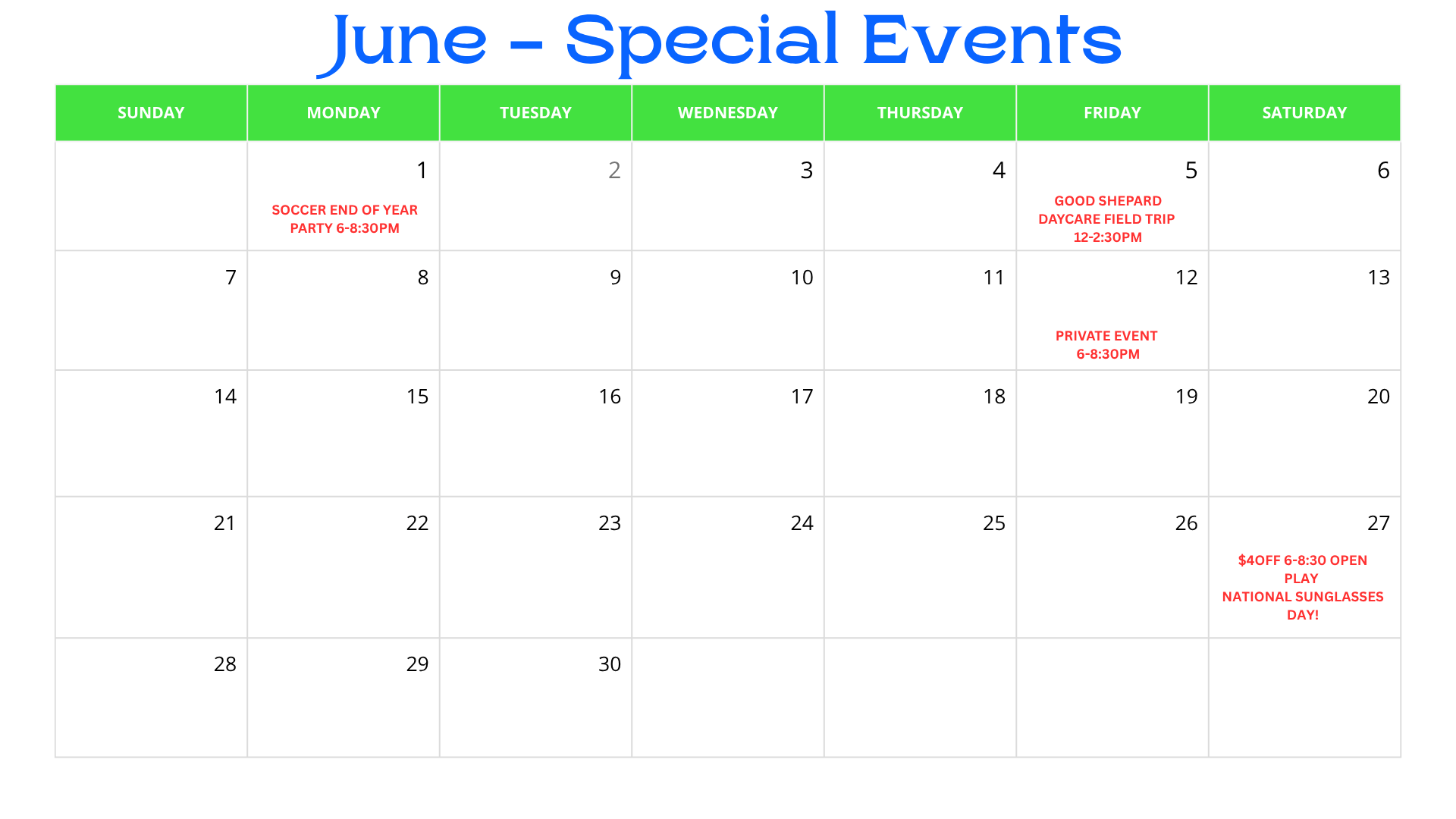 June - Special Events calendar