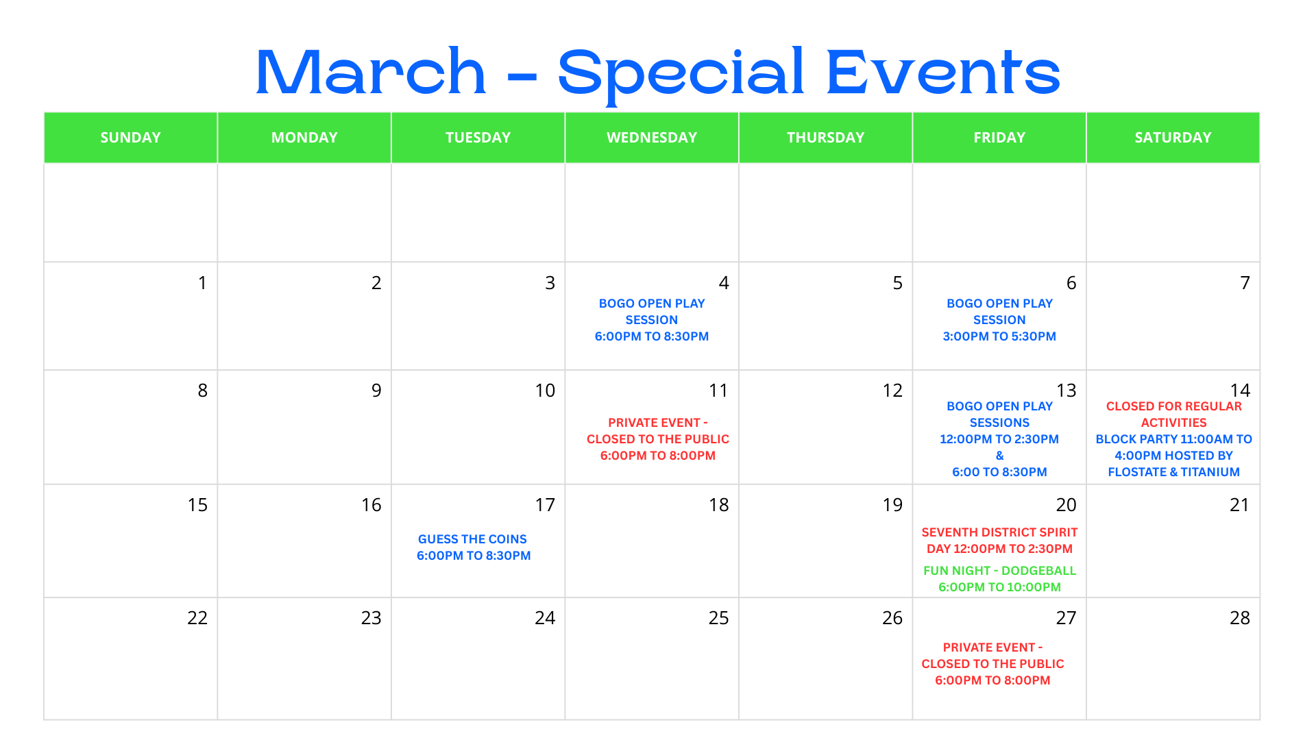 March - Special Events calendar