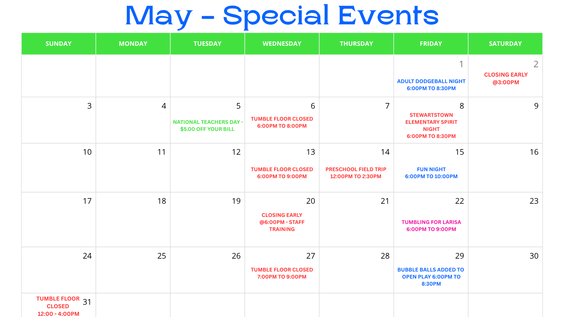 May - Special Events calendar