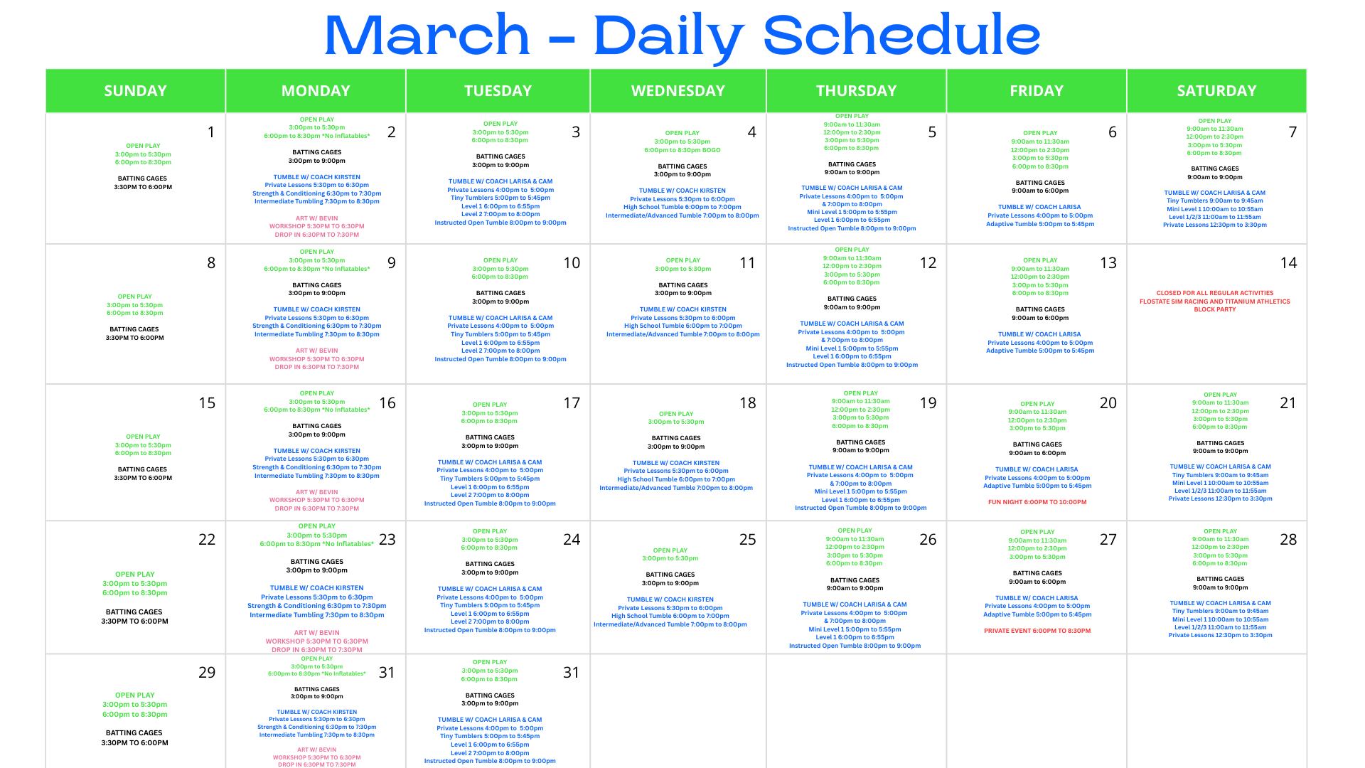 March - Daily Schedule